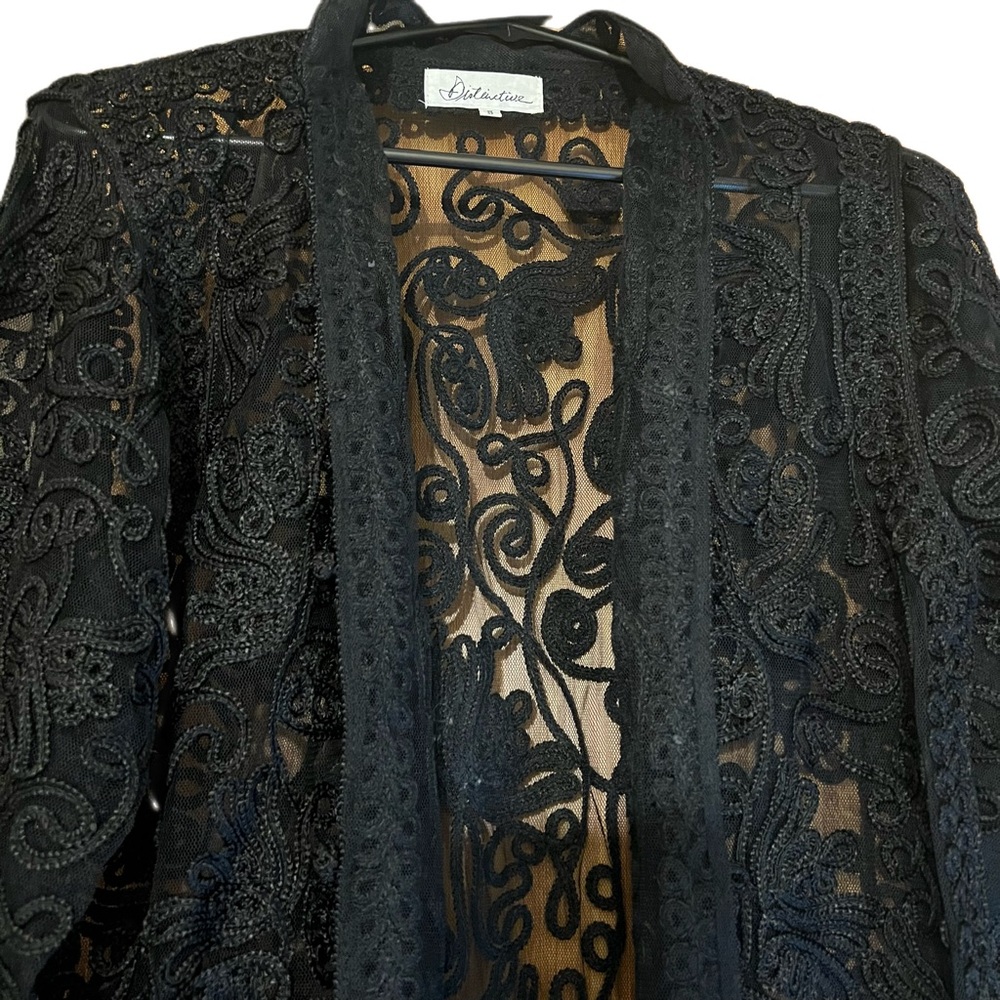 Vintage 90’s Distinctive Black Lace Crochet Knit Sheer party Jacket Sm NWOT